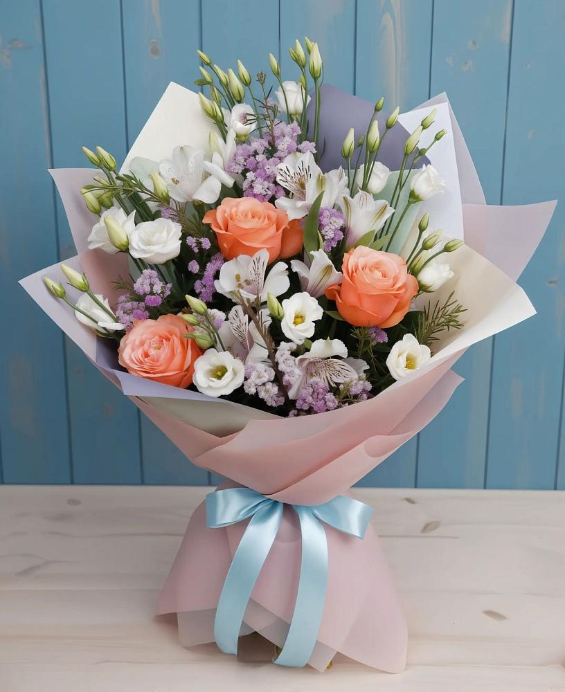 Букет цветов из: Лизиантусы, Розы, Альстромерии и Гипсофила в Лазаревское