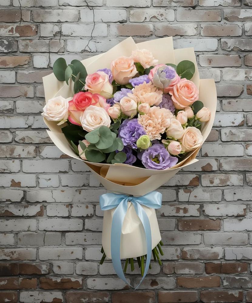 Букет цветов из: Розы, Лизиантусы и Гвоздики в Лазаревское